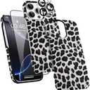 OOK for iPhone 16 Pro Max Case with Screen Protector + Camera Lens Protector, Retro Cool Leopard Print Cheetah Half-Wrapped PU Phone Case for Women Men, Slim Minimalist Hard PC Case Cover, White