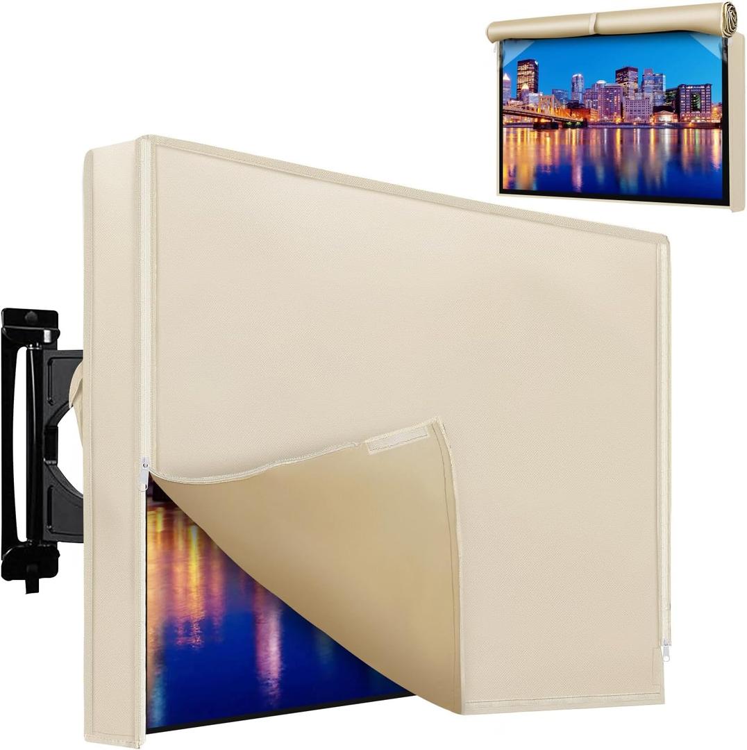 Outdoor TV Cover 71-75 Inch Weatherproof, Waterproof Outside TV Covers Heavy Duty 600D Oxford TV Covers Outdoor TV Screen Protectors Shield with Zippers for Flat Screen Outdoor TVs (Beige)