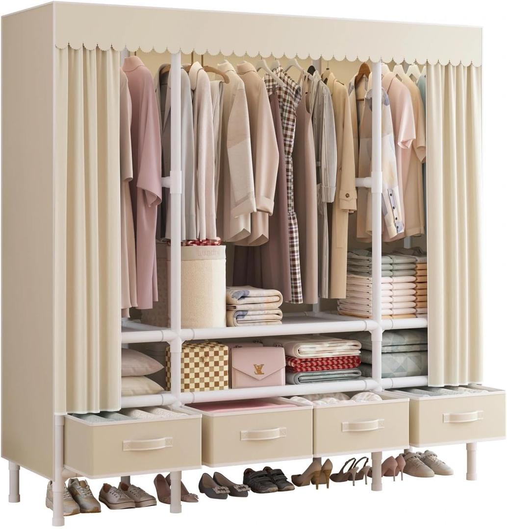 Portable Closet,Garment Rack,Heavy Duty Clothes Rack with Cover,Wardrobe Closet with 3 Hanging Rods, 6 Storage Shelves and 4 Drawers,55.1" L x 17.7" W x 67.7" H,Pale Yellow