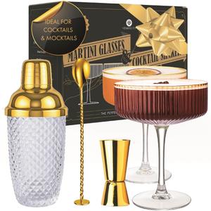 VEMACITY - Luxury Gold Cocktail Shaker Set - 15oz Glass Shaker with Strainer + 2 Gold-Rim Ribbed Martini Glasses (10oz) & Bar Tools | Espresso Martini Glasses | Ideal for Home Bartenders