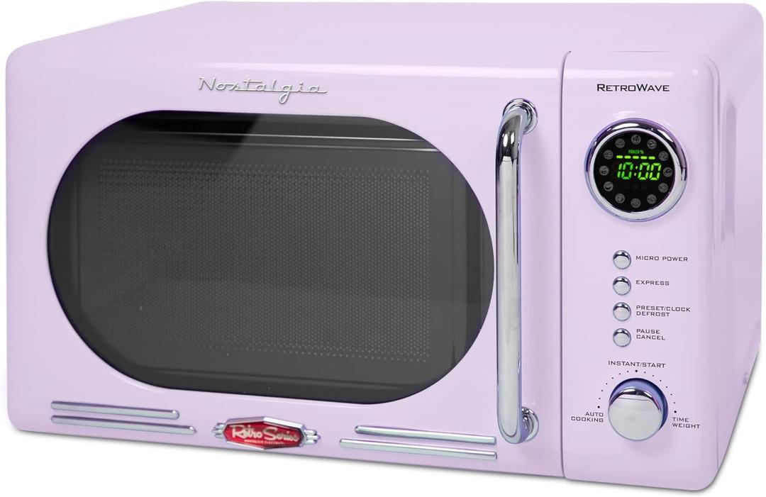 Nostalgia Retro Compact Countertop Microwave Oven - 0.7 Cu. Ft. - 700-Watts with LED Digital Display - Child Lock - Easy Clean Interior - Lavender