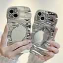 Compatible with iPhone 13 Wave Case with Makeup Mirror, Curly Frame Wave Shape Aesthetic Design Cases Soft Silicone Cute Shockproof Girly Cover Women Girls, Silver(6.1 inches)