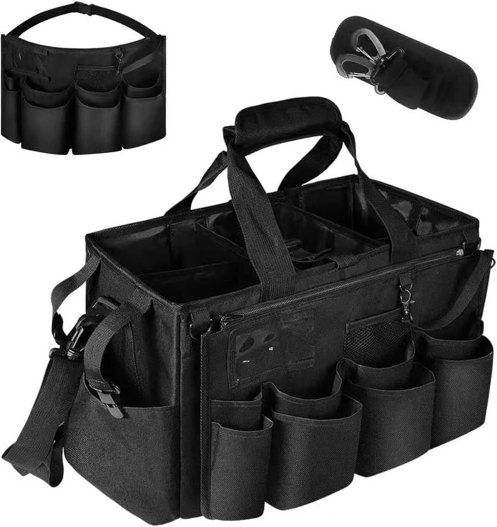 Large Cleaning Caddy Tote with Removable Divider, Heavy-Duty Wearable Apron Organizer with Pockets for Housekeeping, Cleaning Supplies, Tools (Black)