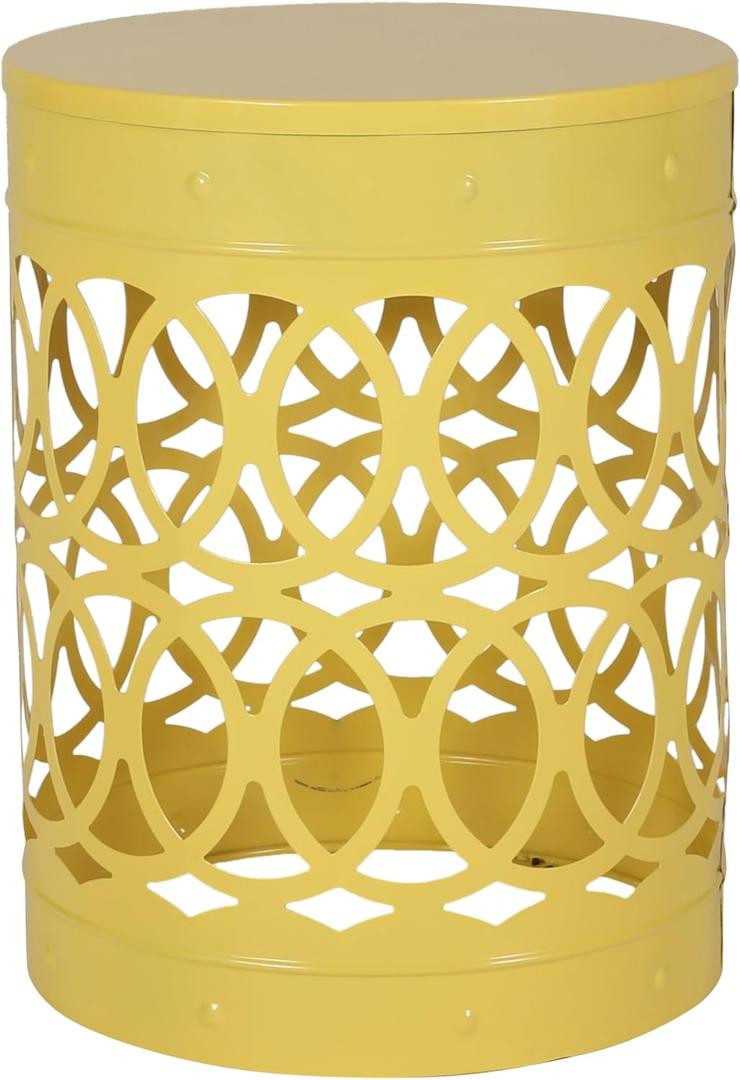 Benjara Kemo Outdoor End Table, Round 14 Inch, Cutout Design, Yellow Frame