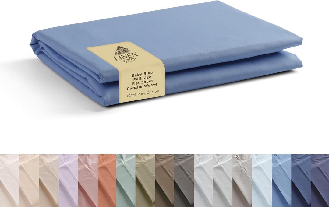 Linen Home 100% Cotton Percale 1 Flat Sheet, Full Size - Crisp, Cool and Strong Bed Linen, Luxury Breathable Sheet, Baby Blue