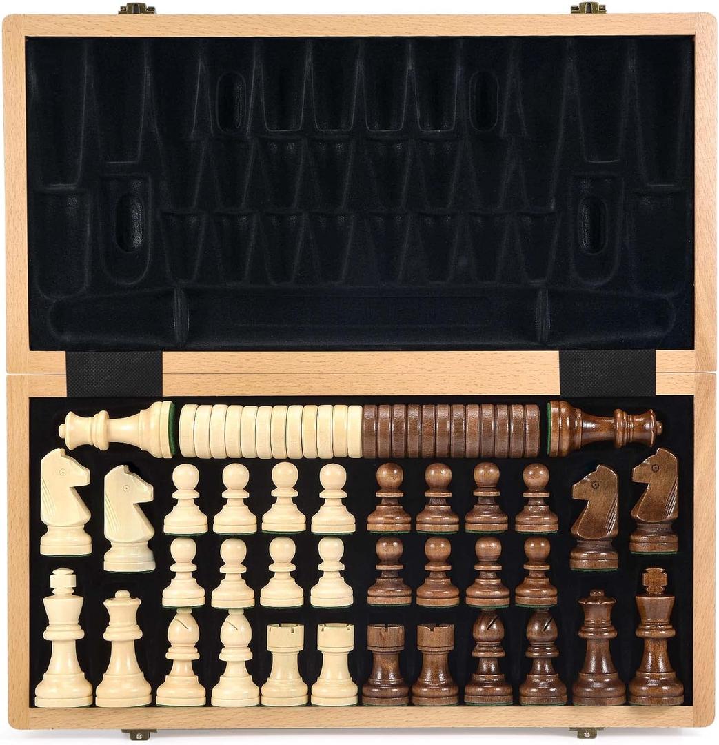 AMEROUS 15 Inches Wooden Chess & Checkers Set with Upgraded Weighted Chess Pieces - 2 Extra Queen -24 Checkers Pieces -Instruction -Chessmen Storage Slots, Classic 2 in 1 Board Games
