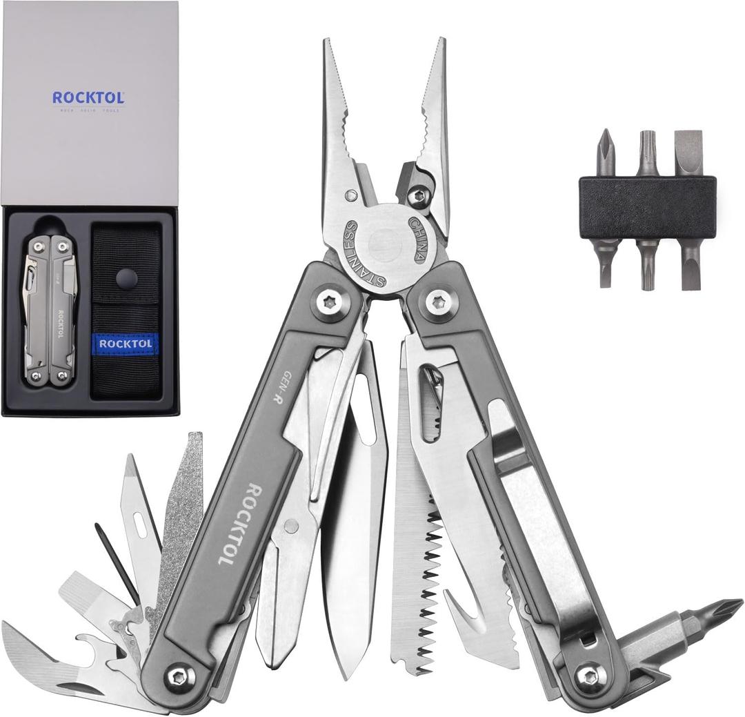 ROCKTOL Multitool Pliers, EDC Multitool Pocket Knife VG10 Blade, 27-in-1 Multi-tool with Titanium-plated Handle, Precision Screwdriver, Gut Hook for Hunting, Backpacking, Hiking, Camping, (Gen-R)