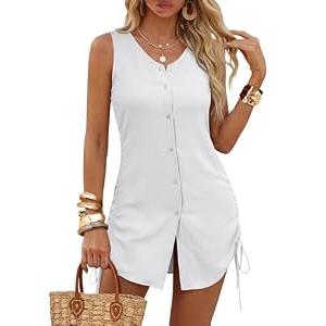 ANRABESS Swimsuit Coverup for Women 2026 V Neck Sleeveless Button Down Drawstring Bathing Suit Summer Beach Vacation Clothes White, XL