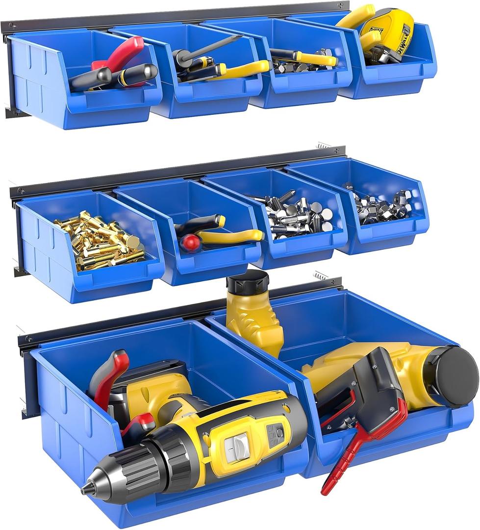 WALMANN Wall Mounted Storage Bins for Small Parts, 10 Bins with 3 Metal Rails, Plastic Wall Bins for Screws, Bolts, Nuts, Craft Room, Workshop, and Garage Storage Bins(Blue)