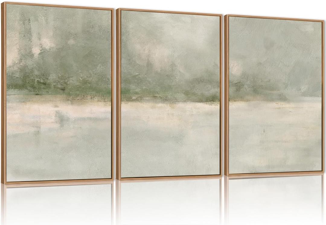 FWIEXA Grey Green Abstract Canvas Wall Art Set 3, Neutral Landscape Framed Prints, Modern Lake Scenery Paintings, Beige 24x36In Watercolor Artwork Poster for Farmhouse, Living Room, Bedroom, Office