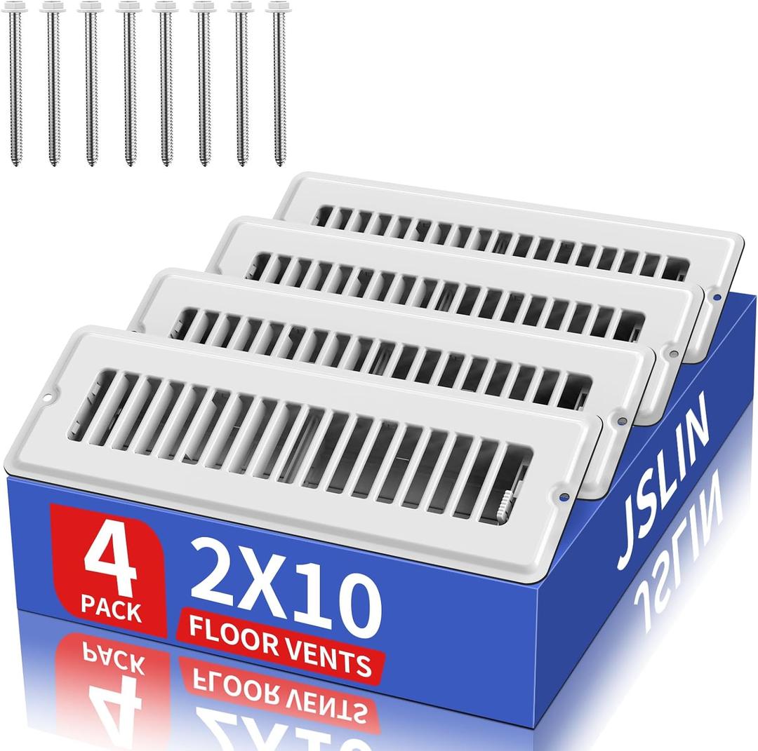 Floor Regsiter 2x10, White Vent Covers for Home Floor & Wall, Floor Vents with Screws for Quick-Fit, Heavy Duty Walkable Metal Face & Air Supply Lever for Easy Adjust Toe Kick Vent Grilles, 4 Pack
