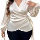 Floerns Women's Plus Size Satin Asymmetrical Wrap Tops Ruched V Neck Long Sleeve Blouses (XX-Large Plus, Apricot)