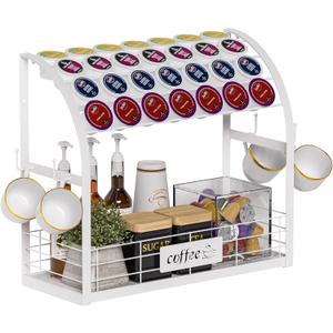 Metal K Cup Holder, 2 Tier Coffee Bar Organizer with 4 Coffee Mug Hooks, Multi-functional Coffee Station Organizer for Countertop, Wooden K Cup Organizer Tray Coffee Bar Accessories - White
