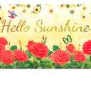 BlissYard Hello Sunshine Banner 71x43 Inches Red Rose Floral Spring Party Banner Spring Garden Yard Decor Butterfly Hummingbird Summer Decoration Banner Outdoor Photography Background