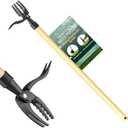 PlantSpawn Manual Stand Up Weed Puller Tool 44" with Long Bamboo Handle – Heavy Duty 4-Claw Wooden Head Weeder for Root Removal – Ergonomic Weeding Tool for Dandelion, Lawn, Yard & Garden Maintenance