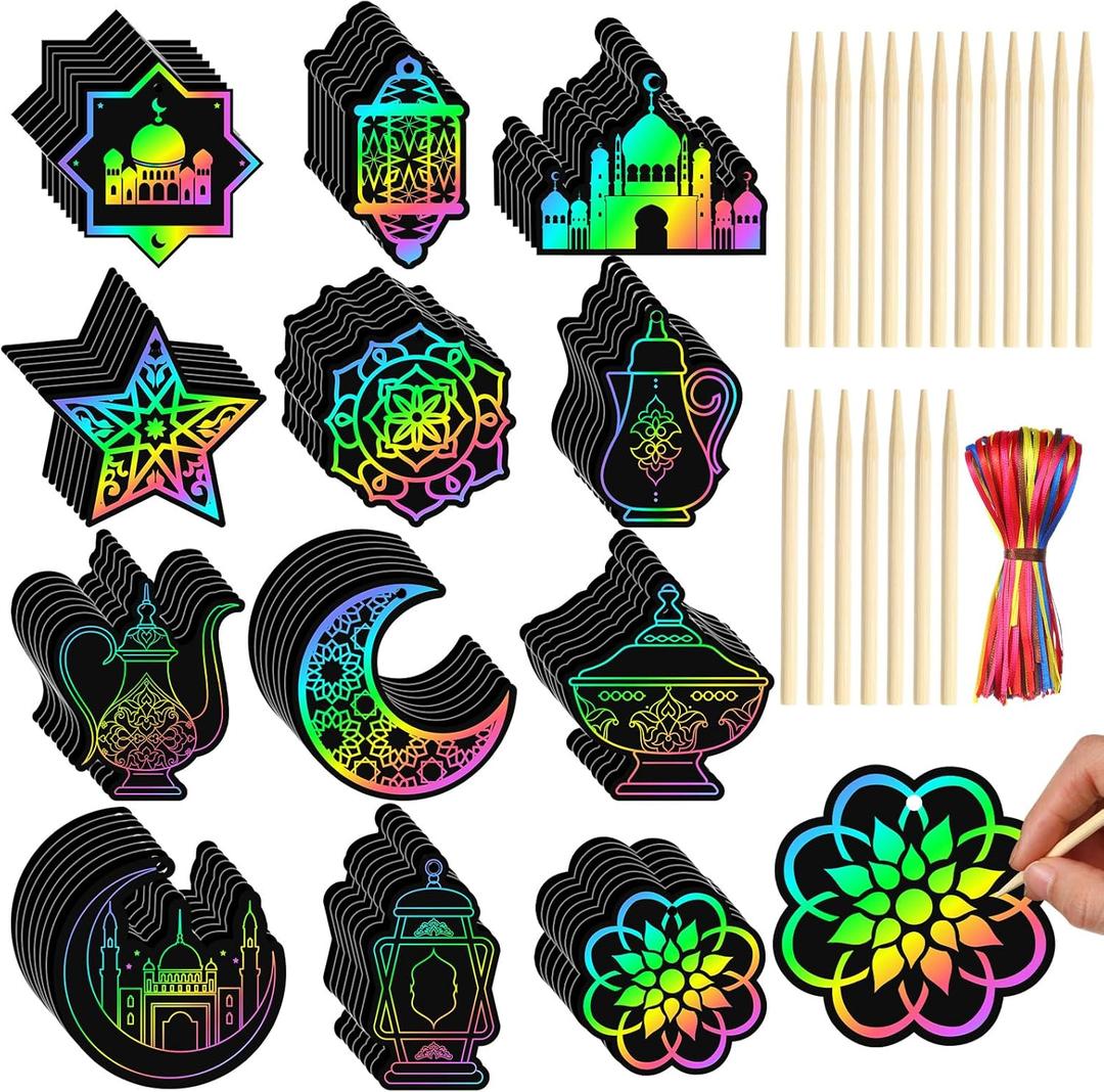 Deekin 120 Pcs Eid Scratch Paper Set Ramadan Crafts Scratch Cards Hanging Ramadan Gifts Eid Magical Party Activities DIY Art Painting Project Supplies