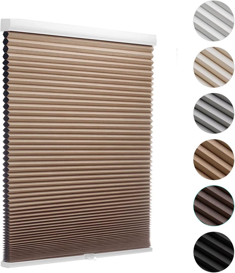 MYshade Blackout Cordless Cellular Shades Honeycomb Shade for Indoor Windows Room Darkening Blinds for Home Office Pull Down Window Shades Easy to Install 20 inch Wide, H48 Pleated Shade Light Brown