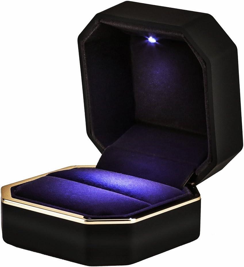 Luxury Ring Box, Square Velvet Wedding Ring Case Jewelry Gift Box with LED Light for Proposal Engagement Wedding, Black