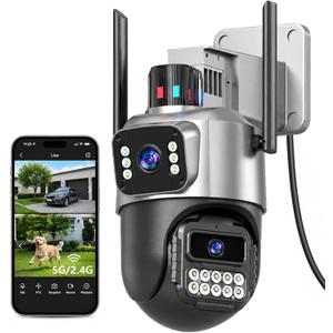 Outdoor Camera, Dual Lens PTZ 6MP Security Camera Outdoor, 6X Digital Zoom, Auto Tracking, Color Night Vision, 5G/2.4G Dual-Band WiFi, Plug-in Power, 2-Way Audio, IP66 Waterproof