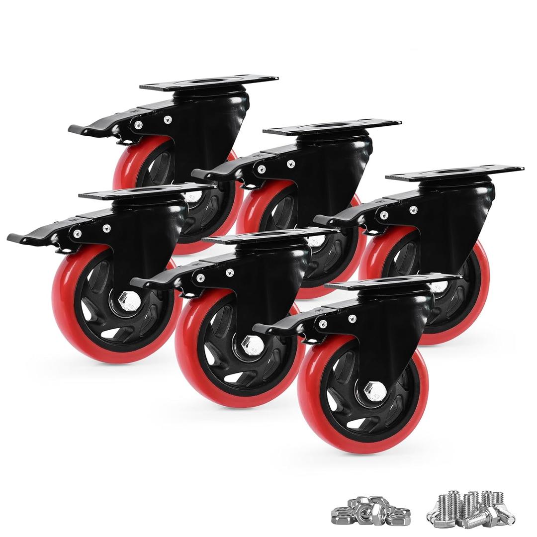 Caster Wheels, Heavy Duty 4 Inch Casters Set of 6, Locking Swivel Casters Wheels for Cart, Furniture and Workbench, Red