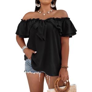 MakeMeChic Women's Plus Size Off Shoulder Top Tie Front Layered Ruffle Short Sleeve Blouse Top (XX-Large Plus, Black)