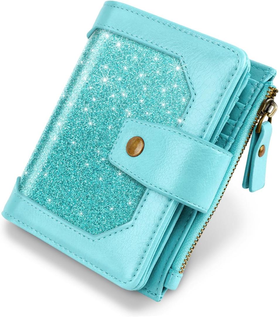 Women Leather Wallet RFID Blocking Small Bifold Zipper Pocket Wallet Card Case Purse with ID Window, Tiffany Glitter