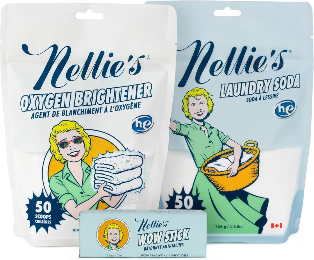 Nellies Complete Laundry Bundle Concentrated Laundry Soda (50 Loads), Oxygen Brightener (50 scoops) & WOW Stick Stain Remover