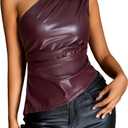 MakeMeChic Women's Faux Leather One Shoulder Sleeveless Y2k Tank Top Asymmetrical Ruched Tops (X-Small, Burgundy)