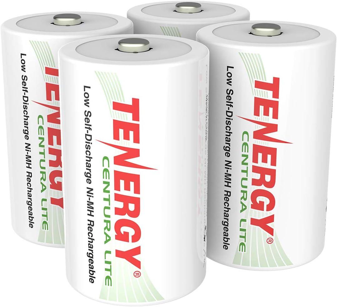 Tenergy Centura Lite 1.2V NiMH Rechargeable D Battery, 3000mAh Low Self Discharge D Cell Batteries, Pre-Charged D Size Battery, UL Certified, 4 Pack