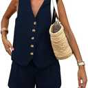 PRETTYGARDEN Women's Summer 1Piece Outfits Sleeveless Matching Sets Button Down V Neck Vest Waistcoat and Pockets Shorts size M
