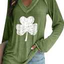 YMING Womens St. Patricks Day Clover Shirt Long Sleeve V Neck Sweatshirt Irish Shamrock Print Pullover Tops (XL)