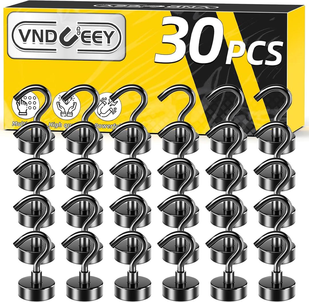 VNDUEEY 30 Pack Black Magnetic Hooks, 25Lbs Strong Magnet Hooks for Hanging, Magnetic Cruise Hook Heavy Duty, Magnets with Hooks for Refrigerator, Grill, Kitchen, Office and Garage