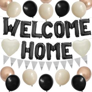 Welcome Home Decorations Black White Gold,Black Welcome Home Foil Balloon Banner with Sand White Heart Balloons Pennant Flag Bunting for Housewarming Baby Shower Family Party Supplies