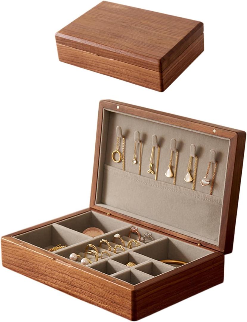 Small Wooden Jewelry Box, Vintage Delicate Walnut Wood Jewelry Case, Ideal Gift for Man Women, Protable Travel Jewelry Organizer (Gray, Medium)