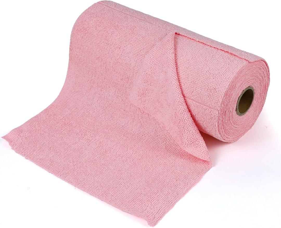 Wuyaoyao 50PCS Microfiber Cleaning Cloth Roll, 10"10" Tear Away Microfiber Towels, Reusable Washable Cloth Paper Towels, Multi-Purpose Cleaning Rags for Car Home Kitchen Garage Shop (Pink)