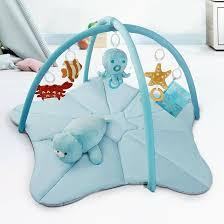 Joypony Baby Play Gyms Mat, Larger Tummy Time Mat with Pillow, Mirror & 5 Sensory Toys, Activity Mat for Babies 0-18 Months, Easy to Install & Clean Ocean