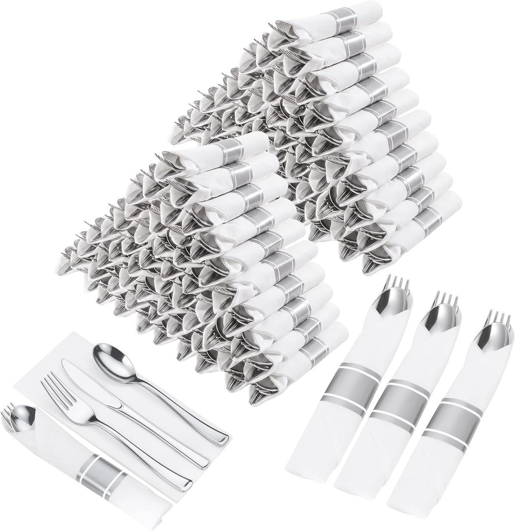Goodluck 200 Pack Pre Rolled Silver Plastic Silverware, Wrapped Cutlery