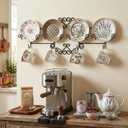 MyGift Vintage Scrollwork Black Metal Wire Tea Coffee Cup and Saucer Set Rack, Wall Mounted Decorative Display Shelf Holds Up to 4 Collectible Plates & Mugs