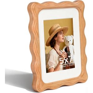 5x7 Picture Frame with 3.5x5 Mat, Natural Solid Teak Wood Tabletop Only Display with Plexiglass, Wavy Edge Photo Frame for Desktop & Countertop Decor, Scalloped Edge