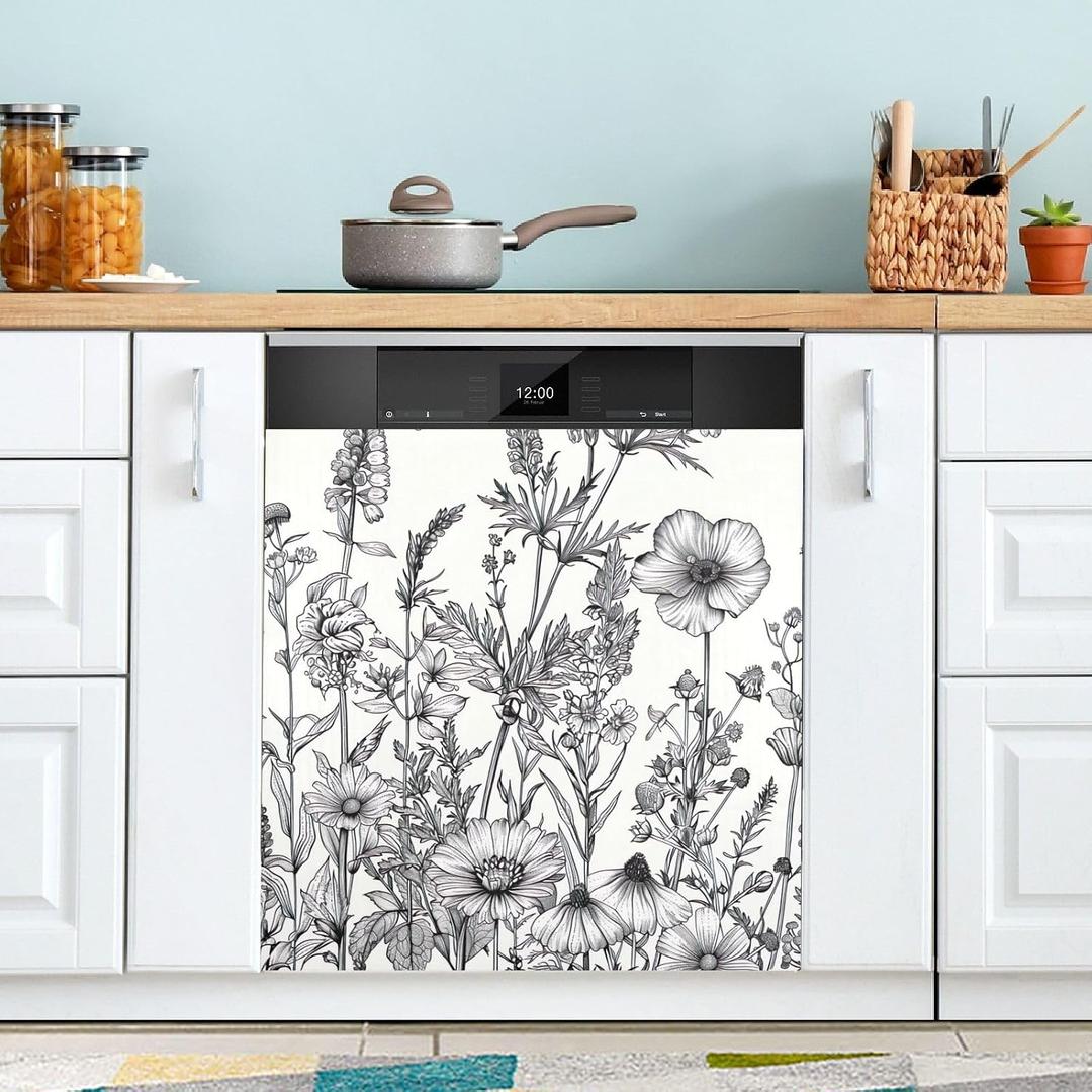 Black and White Flowers Dishwasher Magnet Cover, Front Dishwasher Cover Decoration, Home Cabinet Decals Appliances Stickers - 23" L x 26" H