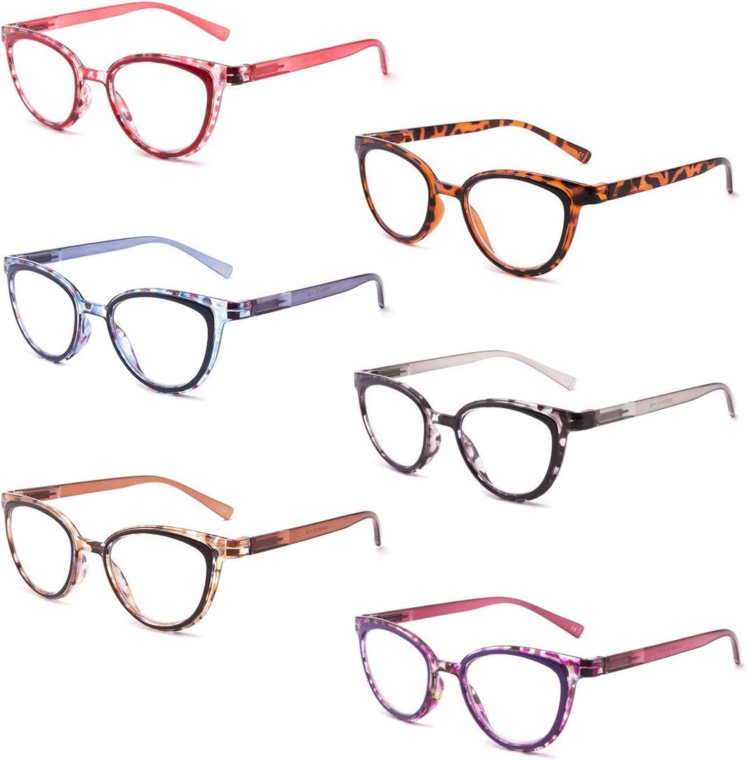 6 Pack Reading Glasses Blue Light Blocking Fashion Ladies Readers with Spring Hinges,Anti Glare UV Eyestrain,Computer Eyeglasses for Women 1.5