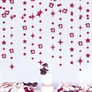 Burgundy 13th Birthday Decorations Number 13 Circle Dot Star Garland Glitter Streamer Banner Backdrop for Girls Boys Official Teenager Cheers to 13 Years Old Birthday 13th Anniversary Party Supplies