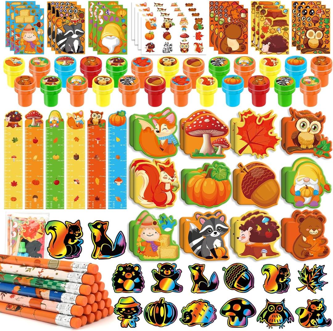 BenLouis Fall School Stationery Set Party Favors Thanksgiving Day Classroom Gift Prizes Bulk for Students Kids Autumn Pumpkin Harvest Pinata Filler Goodie Bag Stuffers Decor 12Set Fall