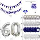 60th Birthday Decorations for Men Women, Blue Silver White Birthday Balloons, Blue Happy 60th Banner Cake Topper Number 60 Foil Balloon for 60 Year Old Party Decoration