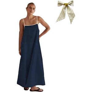 VANCOL Women's Linen Extra Long Dress Spaghetti Strap Summer Out Travel Vacation Sleeveless Long Dresses Navy Blue, Size: L