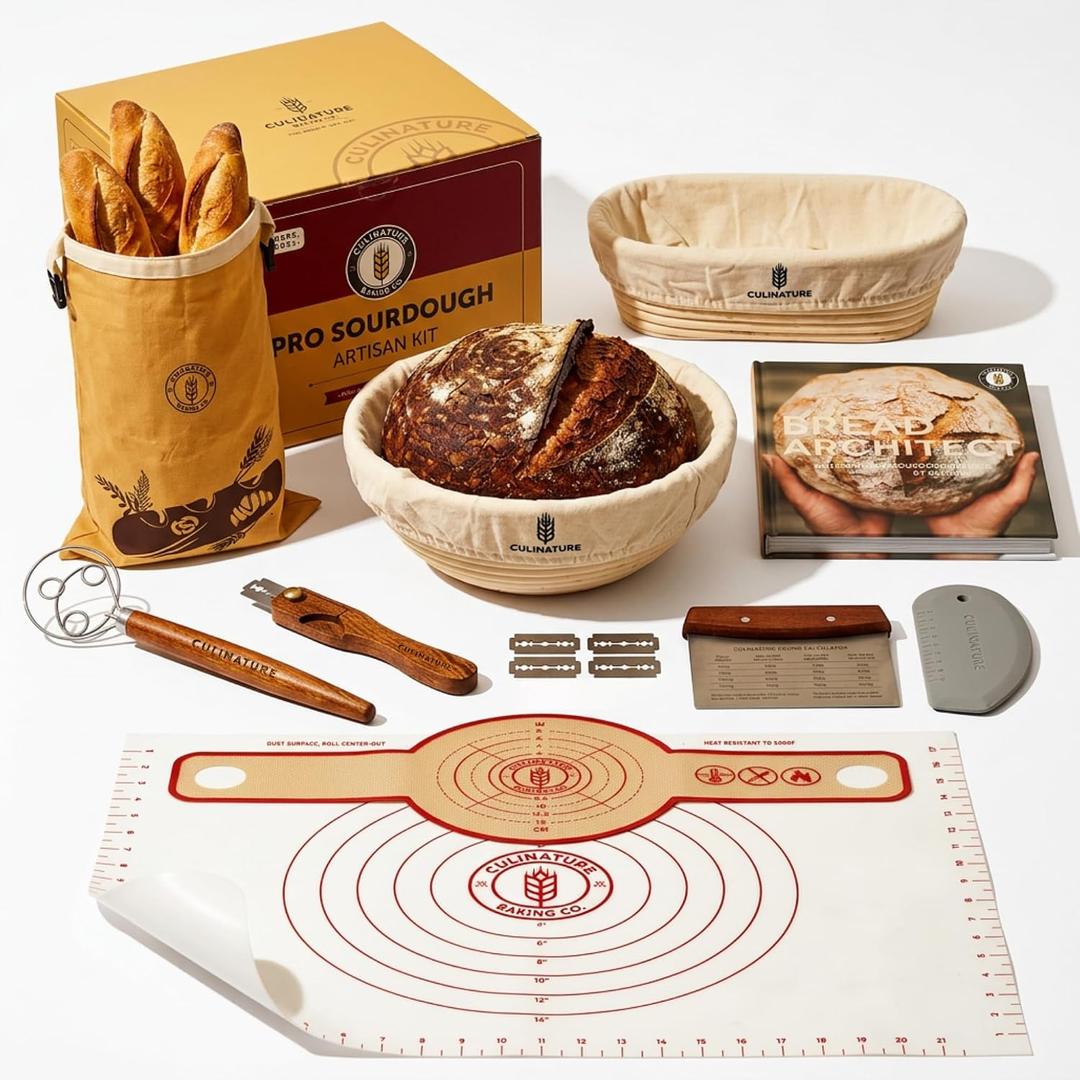 Complete Sourdough Starter Kit with Cookbook, 2-Banneton Set: 10 Round & Oval Grade-A Rattan, Beeswax Bag, Silicone Mat, Sapele Tools Wont Warp| BeginnerFriendly Baking SuppliesGift for Bakers