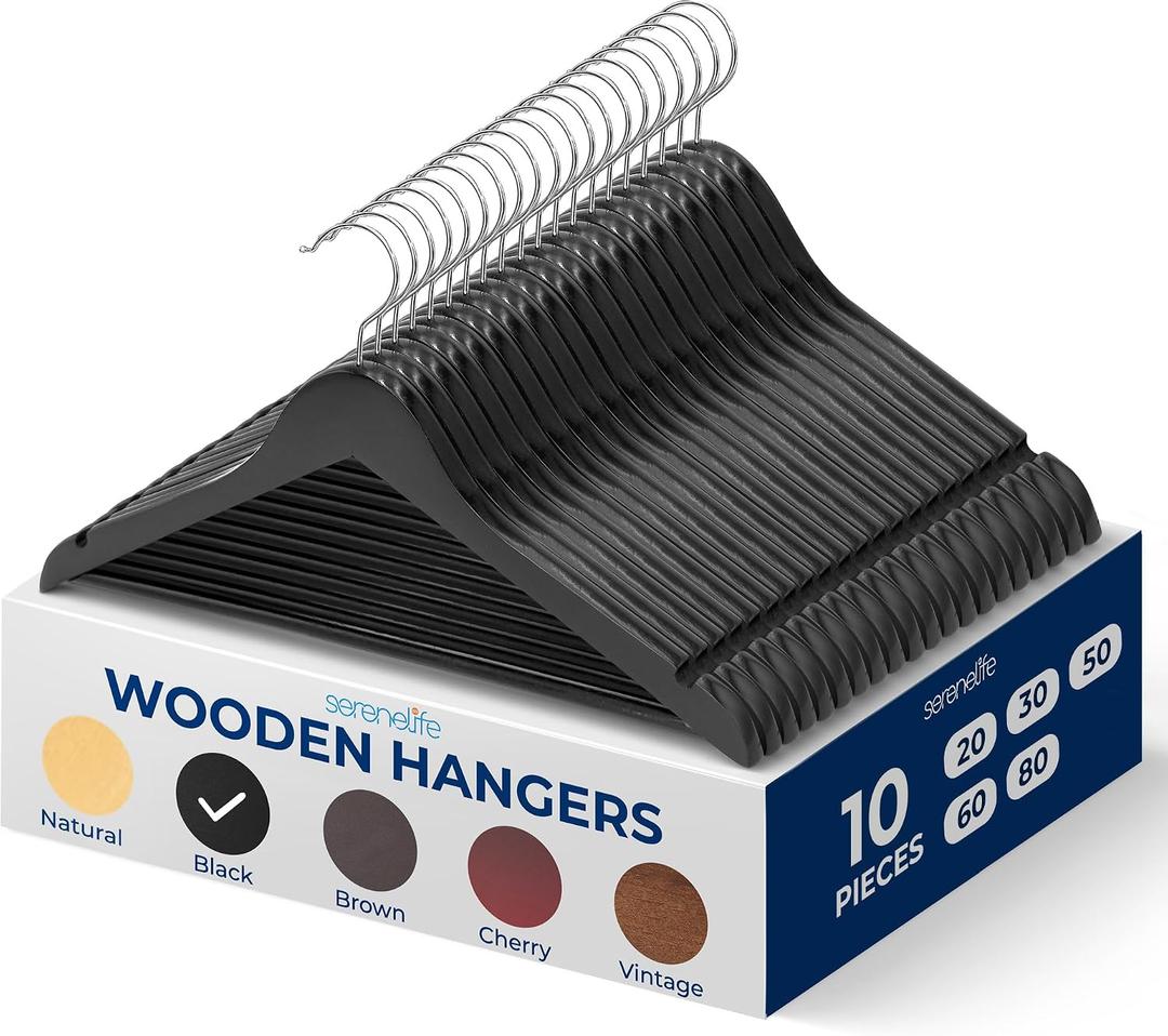 SereneLife 10 Pack Wooden Coat Hangers, Natural Wood Suit Hangers with Non-Slip Pant Bar, with 360-Degree Rotatable Hook, for Closet Organization, Shirts, Jackets, Dresses, and Pants (Black)