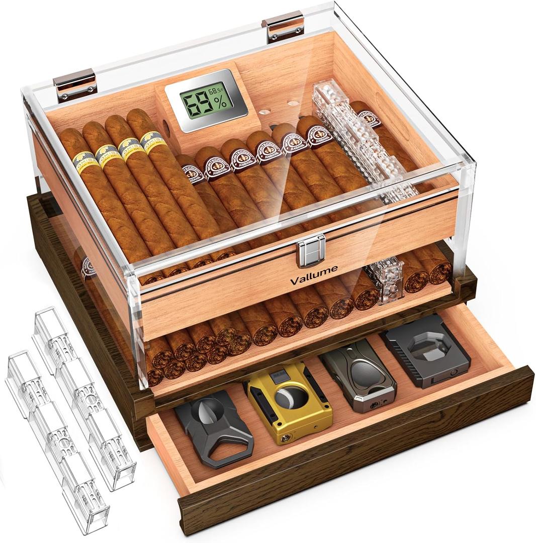 VALLUME Acrylic Humidor Box,High-Definition Transparent Cigar Case,Lock Latches and 90-Degree Opening Hinges Cigar Box,Cigar Accessory Drawer,Digital Hygrometer and Humidifier,Holds About 50-60 cigars