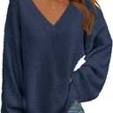 MEROKEETY Sweaters for Women Fall 2026 V Neck Oversized Cozy Chunky Knit Long Sleeve Fuzzy Fleece Pullover Winter Outfits (Small)