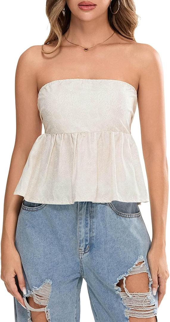 Women's Tie Back Cropped Tube Top Cute Floral Strapless Babydoll Peplum Tops Trendy Summer Casual Flowy Bandeau Outfit, XL